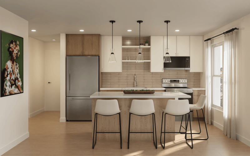 Kitchen with island and stools